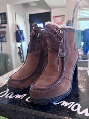 Sam Edelman Brown Suede Lace-Up Ankle Boots with Shearling Trim